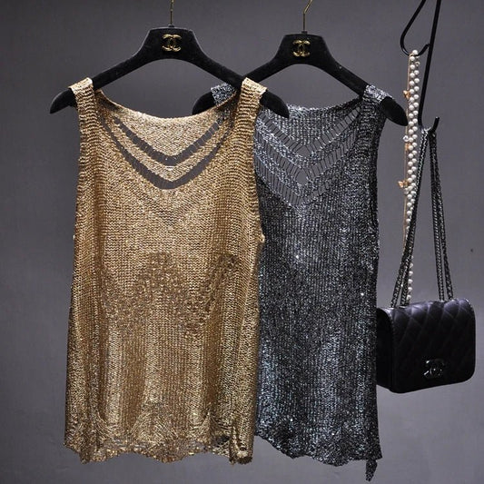 0 Summer sexy Supper blingbling sequines tank tops women hollow out metallic shiny vest women sequined bling bling tan tops - Tuistee Fashion Store