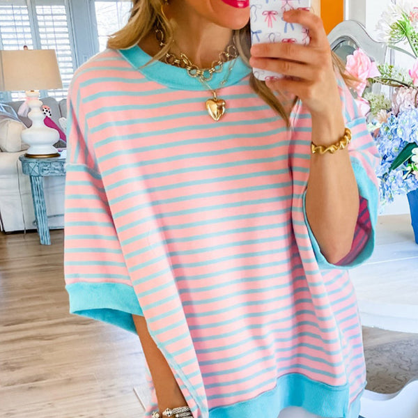 Pink Stripe Colorblock Drop Sleeve Loose Top