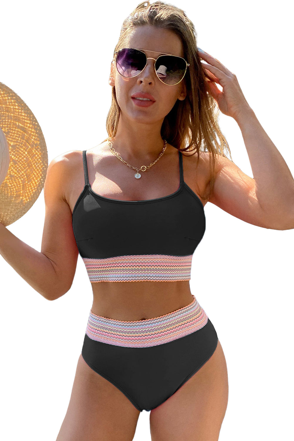 Set bikini a vita alta con cinturino spaghetti patchwork a strisce nere