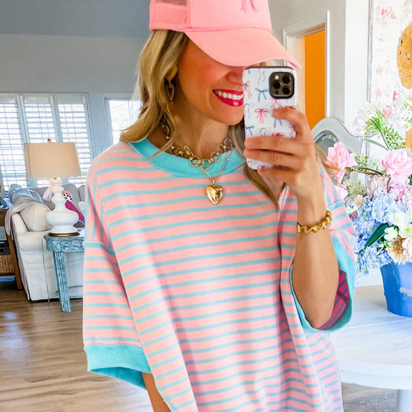 Pink Stripe Colorblock Drop Sleeve Loose Top