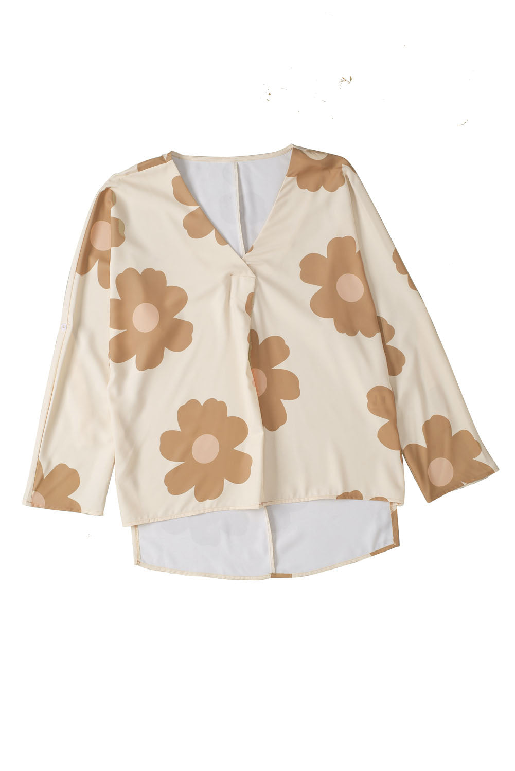 Khaki Flower Print Batwing Sleeve Side Slits Blouse