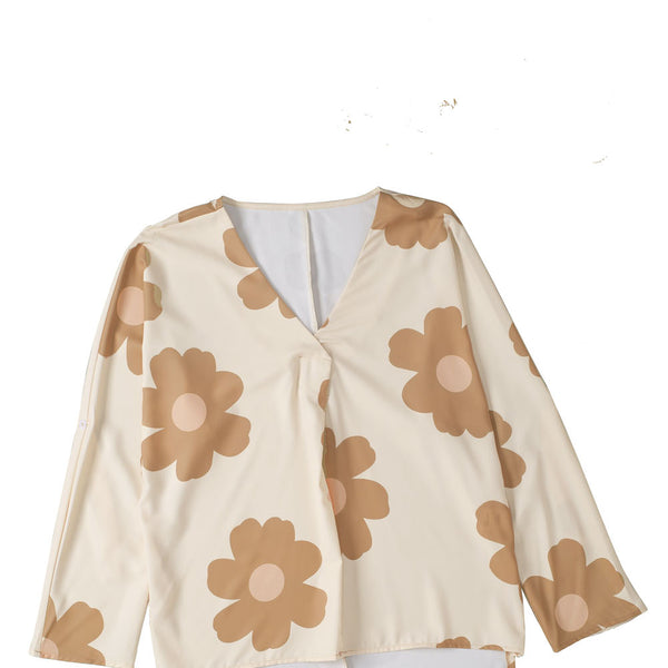 Khaki Flower Print Batwing Sleeve Side Slits Blouse