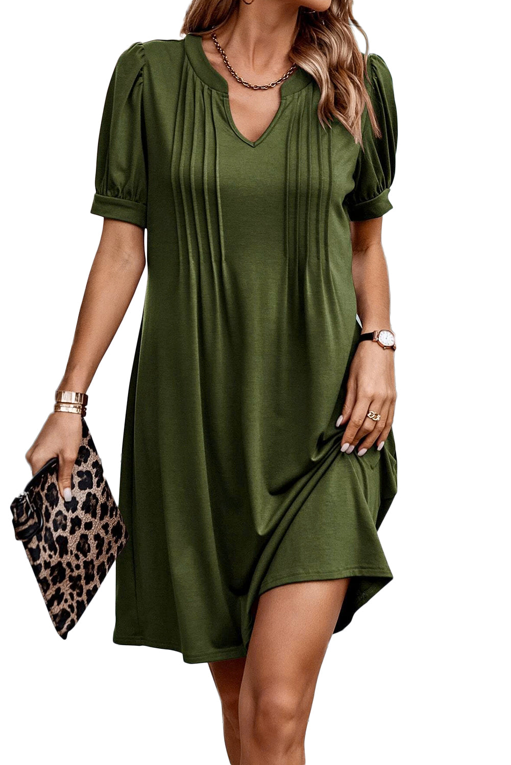 Black Notched Neck Puff Sleeve Pleated T Shirt Dress
