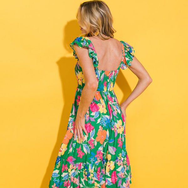 Green Boho Floral Print Ruffle Sleeveless Tiered Maxi Dress