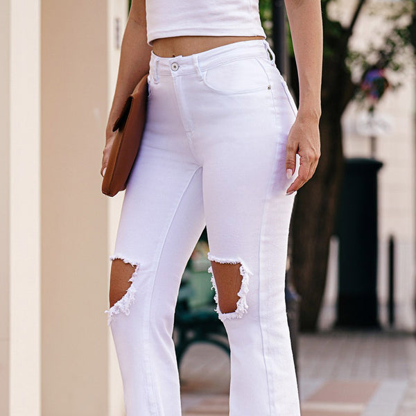 White Casual Ripped Raw Hem Flare Jeans