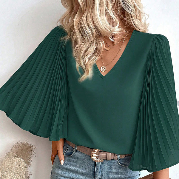 Green Pleated Batwing Sleeve V Neck Blouse