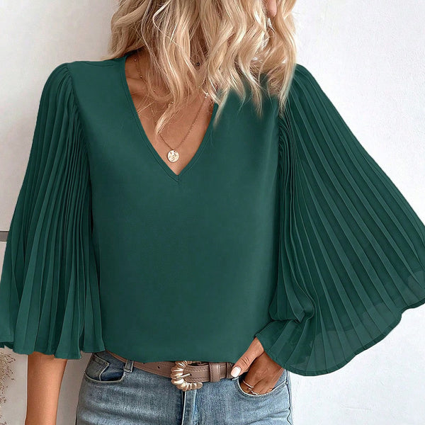 Green Pleated Batwing Sleeve V Neck Blouse