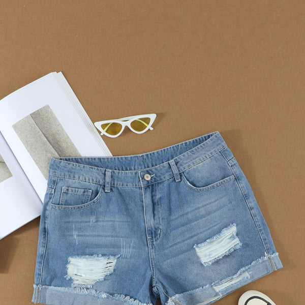 Light Blue Casual Ripped Rolled Hem Denim Shorts