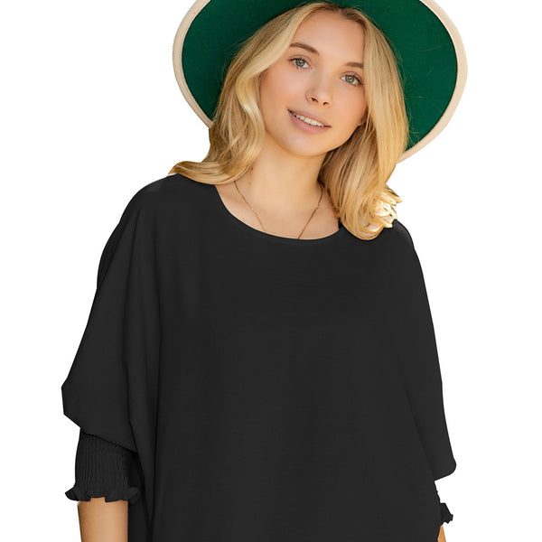 Black Plain Batwing Sleeve Business Casual Blouse for Women