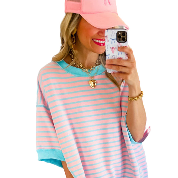 Pink Stripe Colorblock Drop Sleeve Loose Top