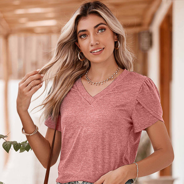 Rose Tan Petal Sleeve V Neck T-Shirt