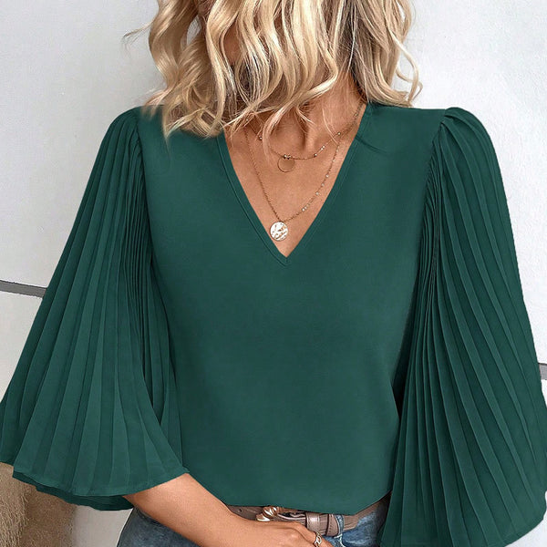 Green Pleated Batwing Sleeve V Neck Blouse