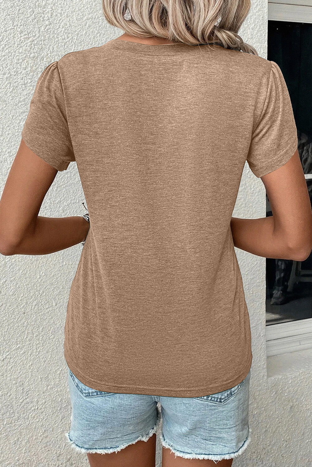 Rose Tan Petal Sleeve V Neck T-Shirt