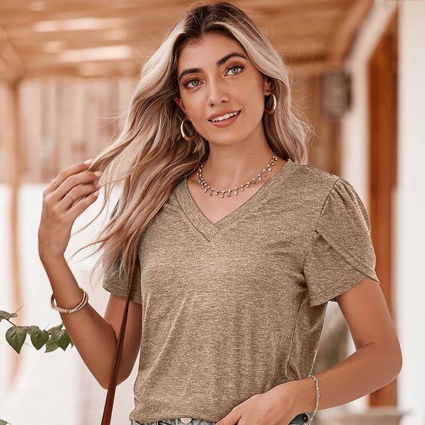 Rose Tan Petal Sleeve V Neck T-Shirt