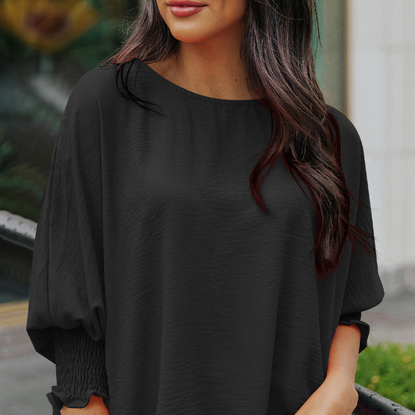 Black Plain Batwing Sleeve Business Casual Blouse for Women