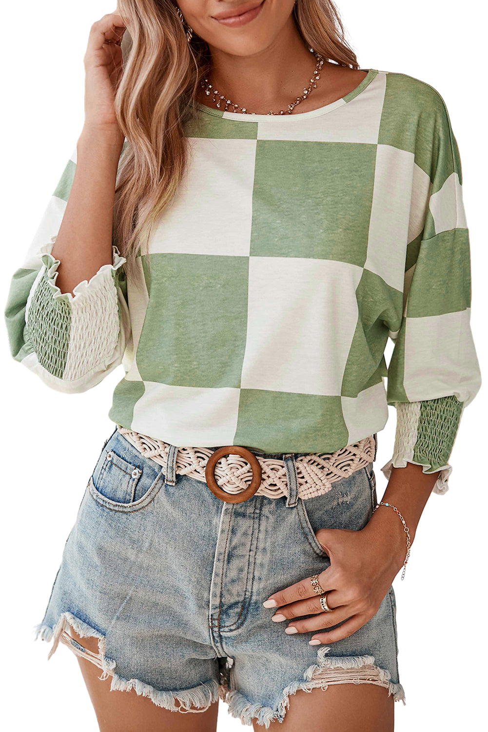 T-shirt con polsini smock con volant a quadretti verde erba