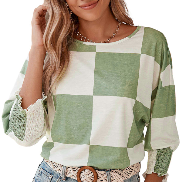 T-shirt con polsini smock con volant a quadretti verde erba