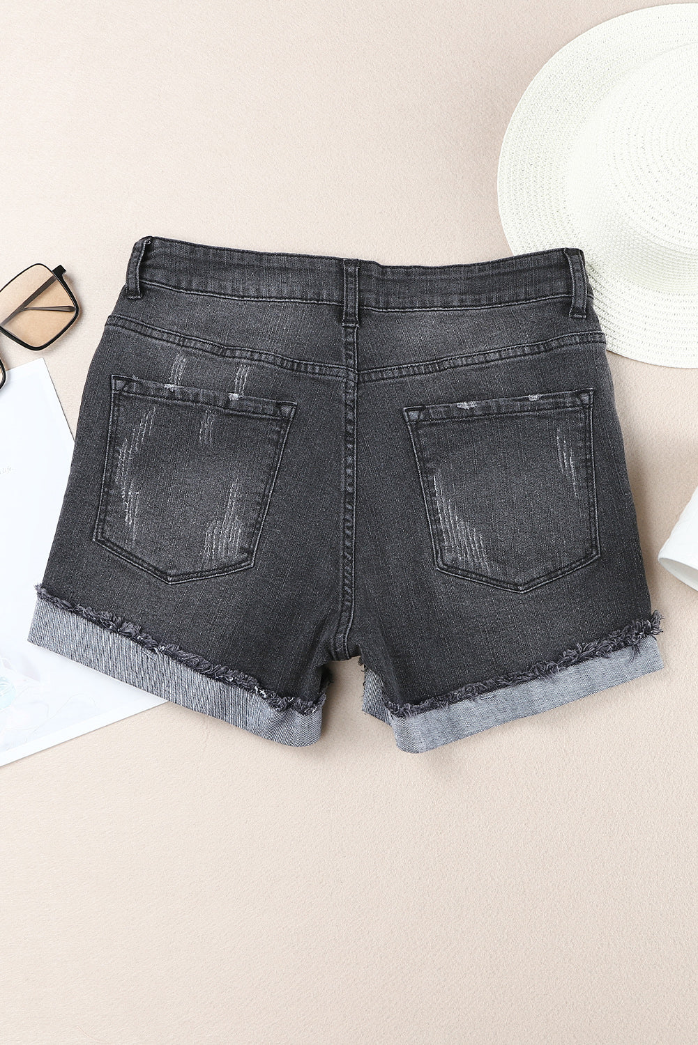 Light Blue Casual Ripped Rolled Hem Denim Shorts