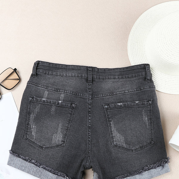 Light Blue Casual Ripped Rolled Hem Denim Shorts