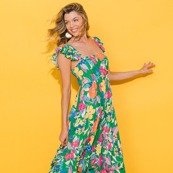 Green Boho Floral Print Ruffle Sleeveless Tiered Maxi Dress