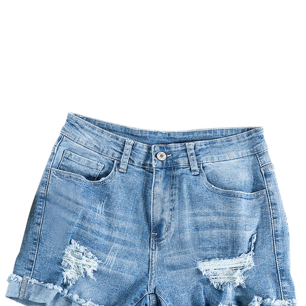 Light Blue Casual Ripped Rolled Hem Denim Shorts