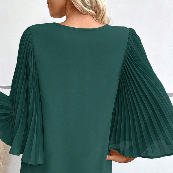 Green Pleated Batwing Sleeve V Neck Blouse