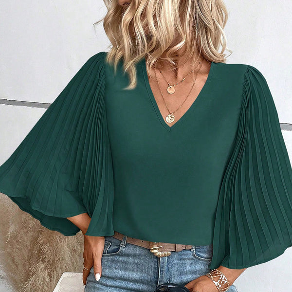 Green Pleated Batwing Sleeve V Neck Blouse