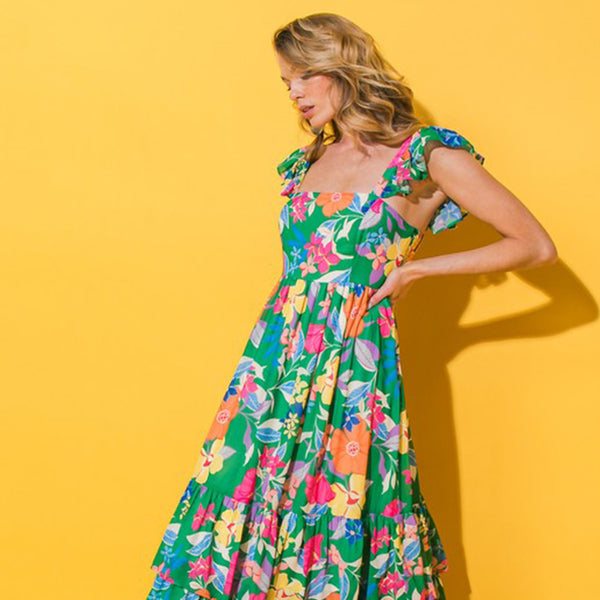 Green Boho Floral Print Ruffle Sleeveless Tiered Maxi Dress