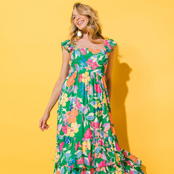 Green Boho Floral Print Ruffle Sleeveless Tiered Maxi Dress