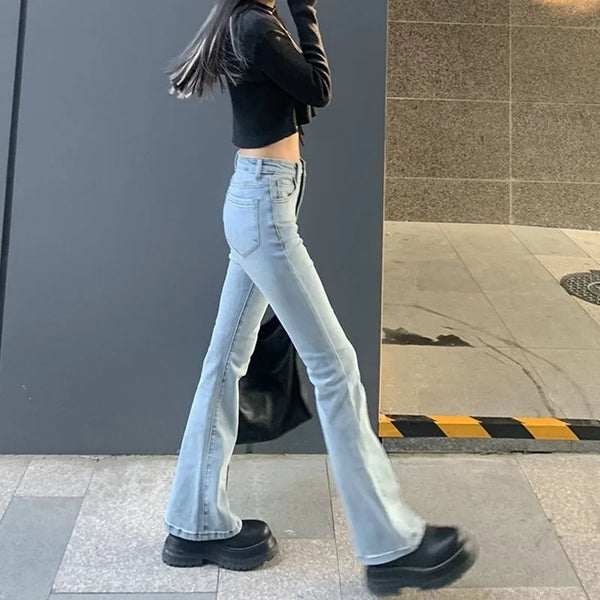 Jeans a zampa da donna stile coreano sbiancato chic sottile alla moda elastico a vita bassa retrò elegante Ulzzang College Street a figura intera signora