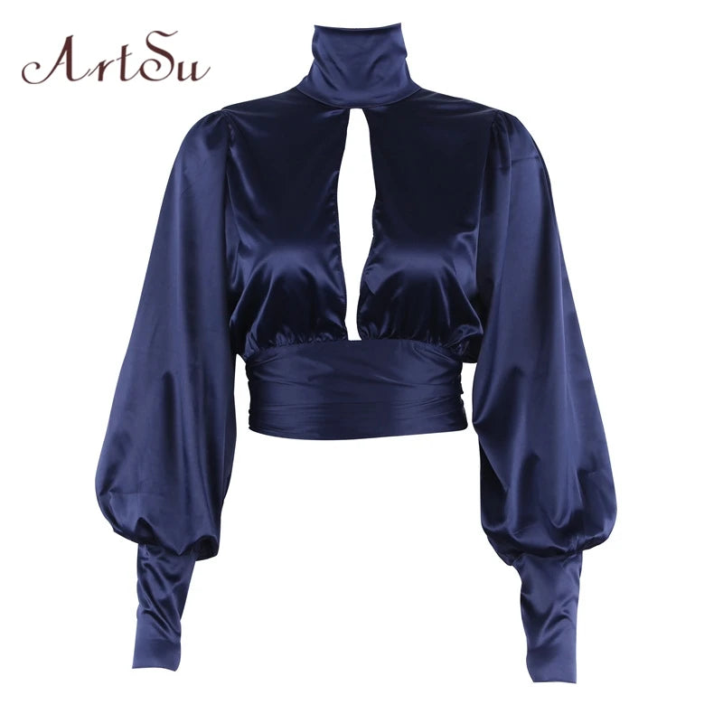ArtSu Women Sexy Lace Up Bow Satin Blouse Turtleneck Shirt Backless Blouses Blusas Women Puff Sleeve Crop Top Spring ASBL30142