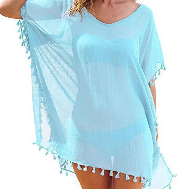 Summer Chiffon Tassels Beach Bikini Cover-up Women Dress Swimsuit Swimwear Bathing Suit Mini Loose Pareo Cover Ups