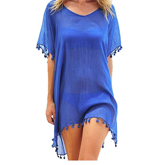 Summer Chiffon Tassels Beach Bikini Cover-up Women Dress Swimsuit Swimwear Bathing Suit Mini Loose Pareo Cover Ups