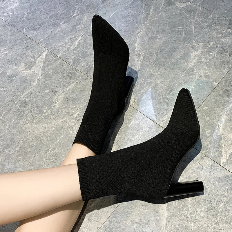 Simple fashion stretch socks boots women's high heels shoes knit socks boots skinny women pointed autumn and winter bare boots