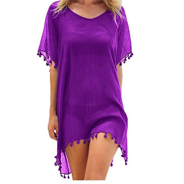 Summer Chiffon Tassels Beach Bikini Cover-up Women Dress Swimsuit Swimwear Bathing Suit Mini Loose Pareo Cover Ups