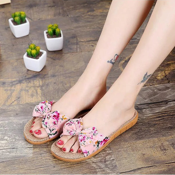 Suihyung Women Flax Slippers Summer Casual Slides Beach Shoes Ladies Indoor Linen Slippers Bohemia Floral Bow Flip Flops Sandals