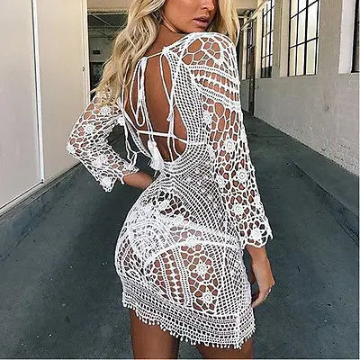 Swimwear Cover Up Women White Lace Tunic Beach Dress Clothing Backless Bathing Suit Crochet Bikini Swimming Beach Wear