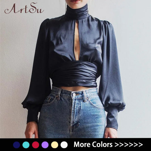 ArtSu Women Sexy Lace Up Bow Satin Blouse Turtleneck Shirt Backless Blouses Blusas Women Puff Sleeve Crop Top Spring ASBL30142