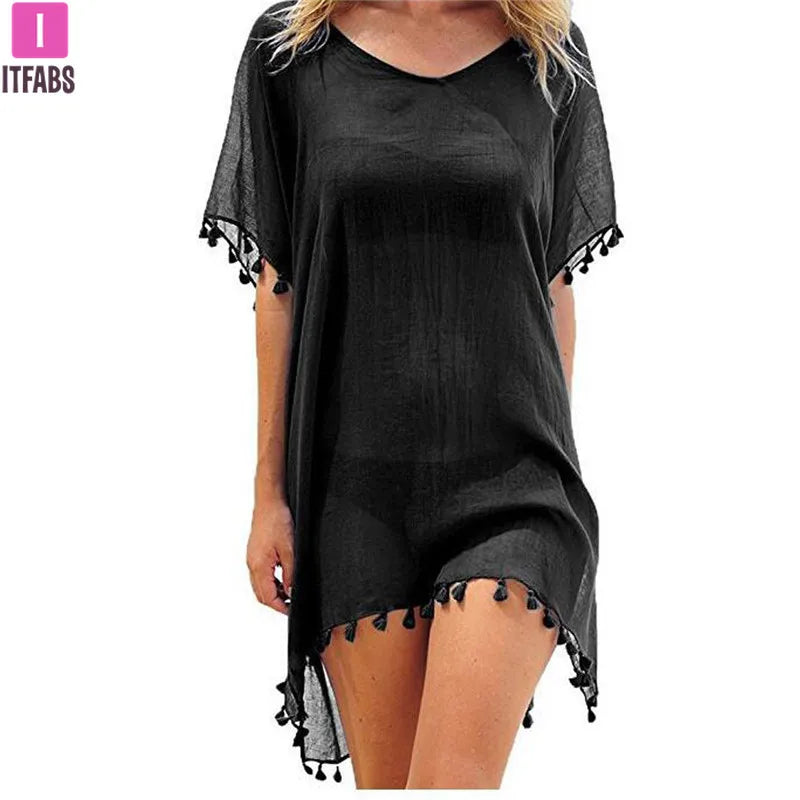 Summer Chiffon Tassels Beach Bikini Cover-up Women Dress Swimsuit Swimwear Bathing Suit Mini Loose Pareo Cover Ups