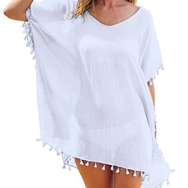 Summer Chiffon Tassels Beach Bikini Cover-up Women Dress Swimsuit Swimwear Bathing Suit Mini Loose Pareo Cover Ups