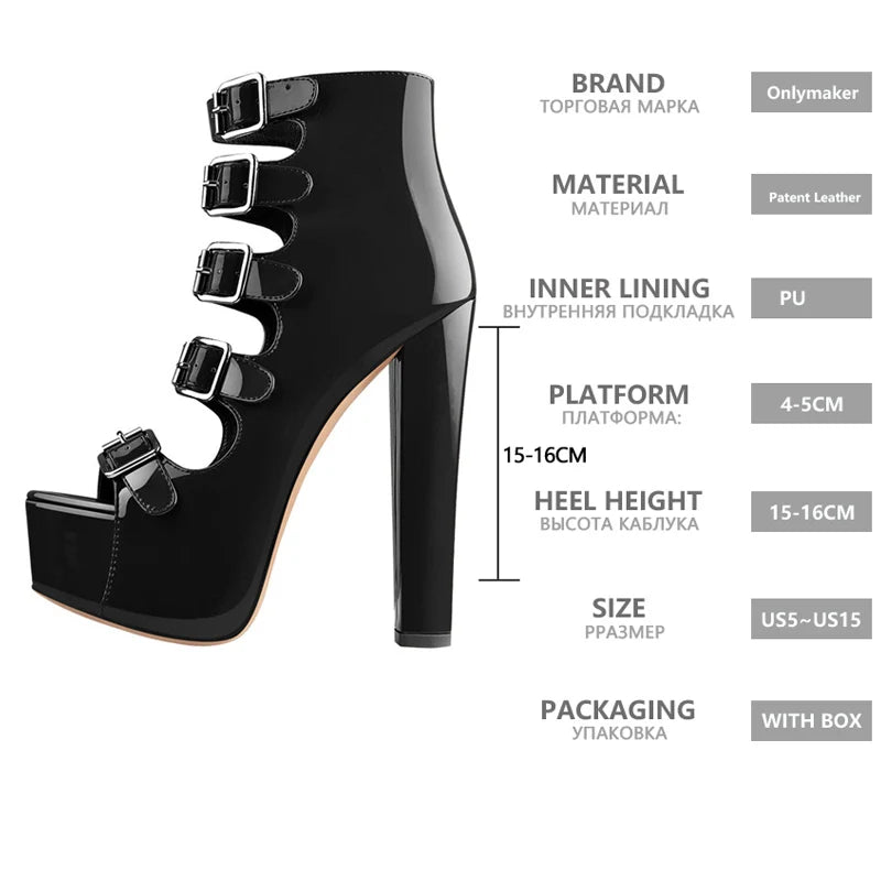 Onlymaker Women Peep Toe Platform Buckle Belts Chunky  Round Heel  Black  Red Fashion Handmade Zipper Fashion Punk Sandals