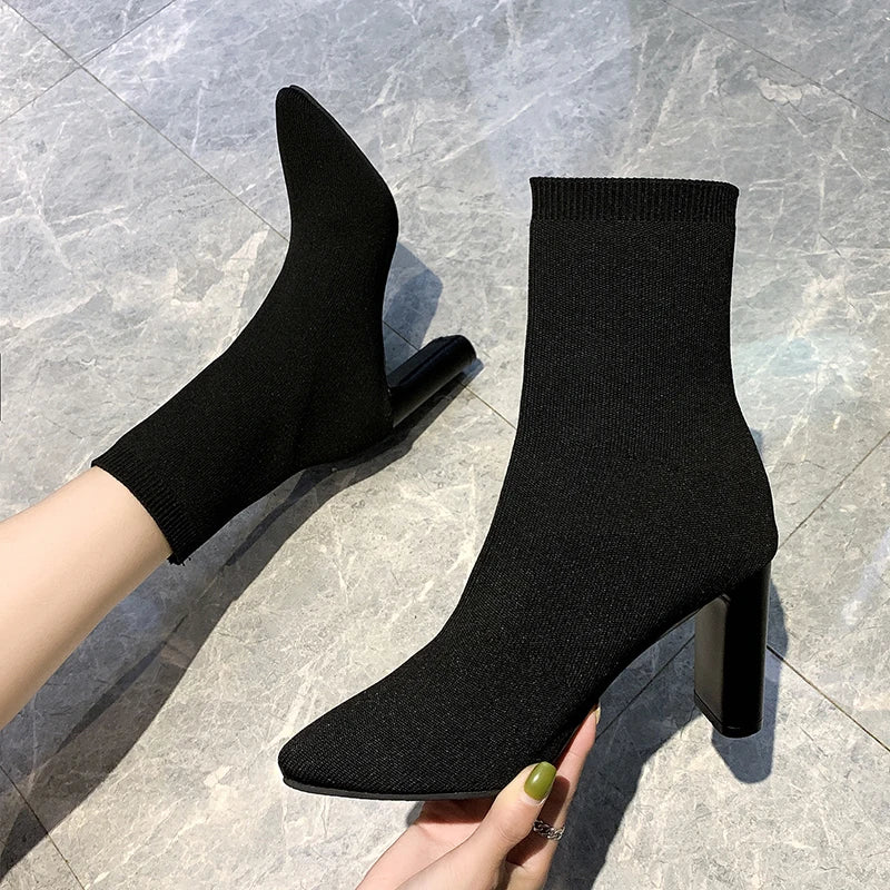 Simple fashion stretch socks boots women's high heels shoes knit socks boots skinny women pointed autumn and winter bare boots