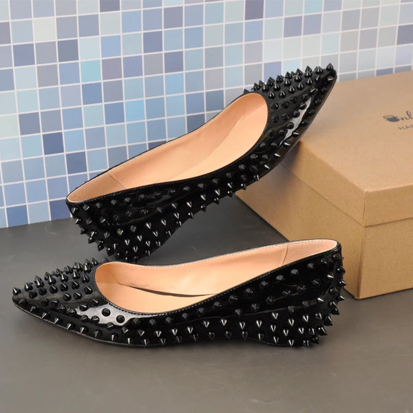 Onlymaker Woman Elegent Pointed Toe Rivet Slip On Black Studded Ballet Flat Fashion  Shoes