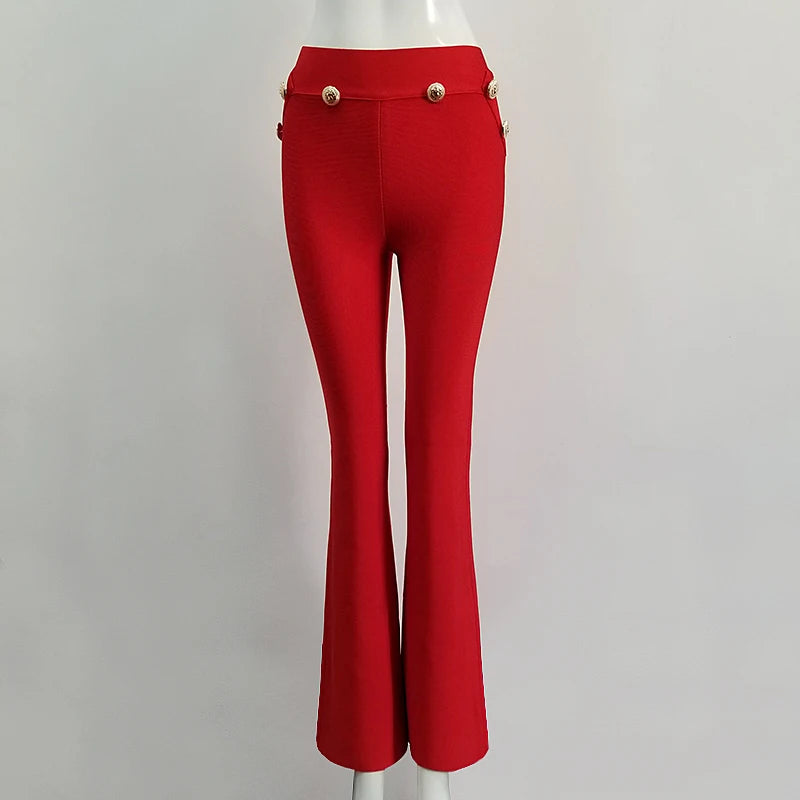 Celurvei Top Quality Women Pants Red White Button Flare Bandage Pants Solid Female Pant