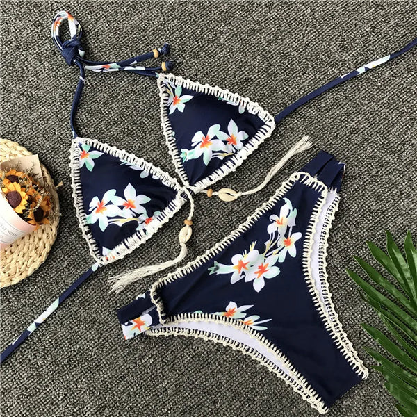 Flower Printed Bikini Women Swimsuit Halter Bikini Crochet Swimwear Shells Low Waisted Swimming Suit Biquini Beach Bathing Suit