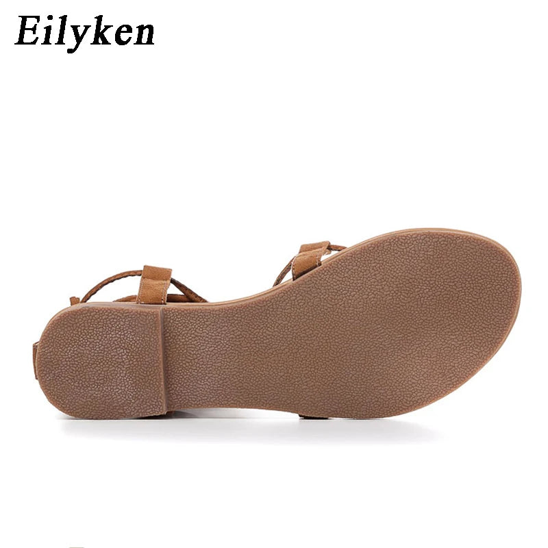 Eilyken Summer Roman Sandals Cross-Strap Tall Knee High Bondage Thong Flat Women Sandals Flip Flops Black Apricot