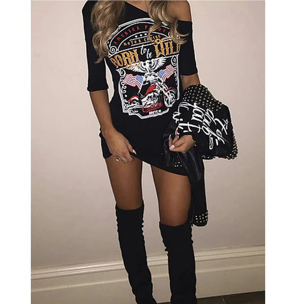 1pcs black Ladies Women Punk Rock Short Sleeve Eagle Print T-Shirt Cut Shoulder Baggy