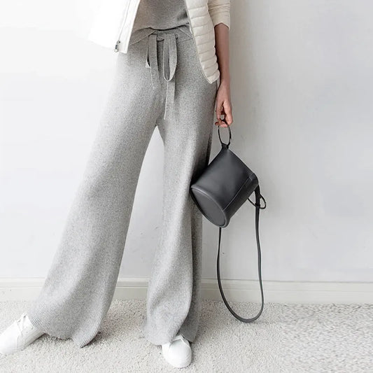 Women Pants 2020 New Winter Soft Waxy Comfortable High-Waist Cashmere Knitted Trousers Female Solid Color Casual Wide Leg Pants