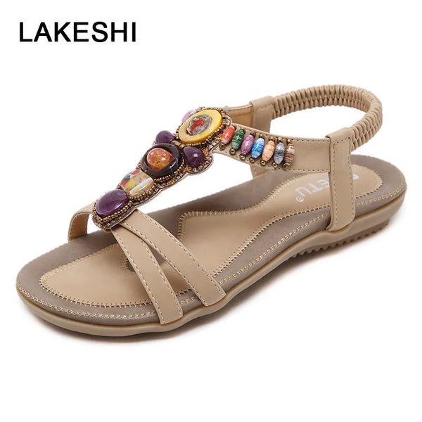 LAKESHI Women Sandals Summer Beach Sandals 2023 New Flip Flops Women Flat Sandals Bohemian Beaded Soft Ladies Sandals Size 44 45