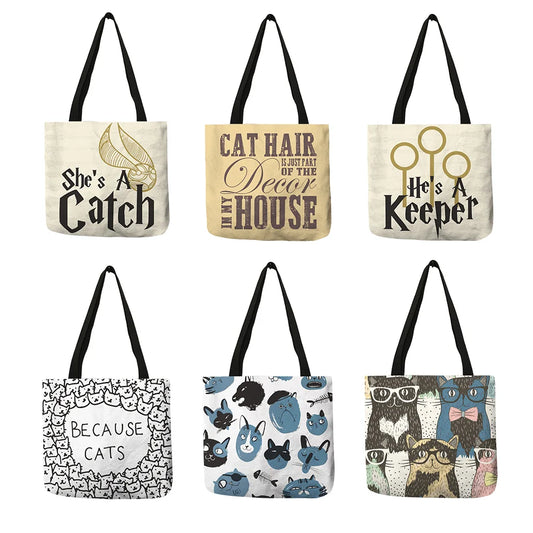 Cute  Cat Print Tote Bag For Women Customized Linen Handbag Folding Reusable Shopping Bags Traveling School Shoulder Bag